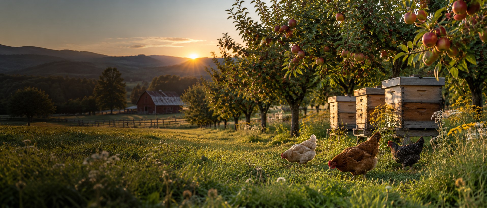 Apple orchard, beehives, and free-range chickens at Poor Boy Farms